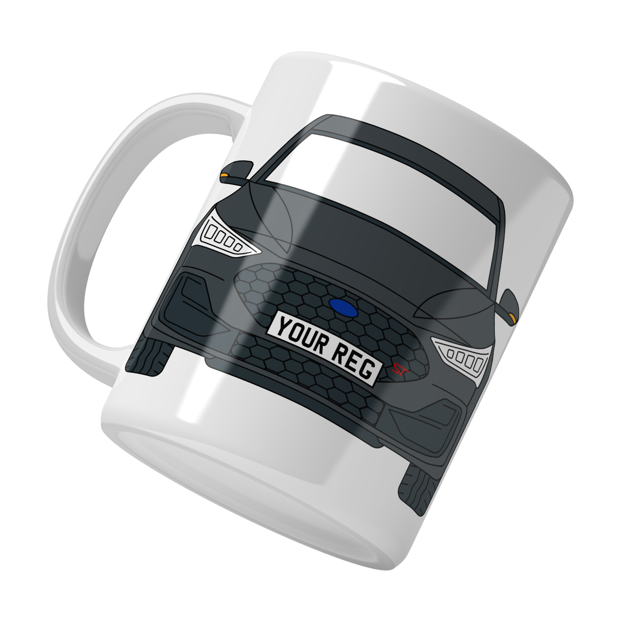 Personalised Ford Focus ST ceramic mug with custom name or registration plate, perfect gift for car enthusiasts and car lovers.