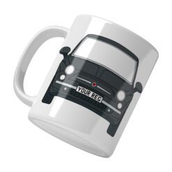 Personalised Fiat 500 ceramic mug with custom name or registration plate, perfect gift for car enthusiasts and car lovers.