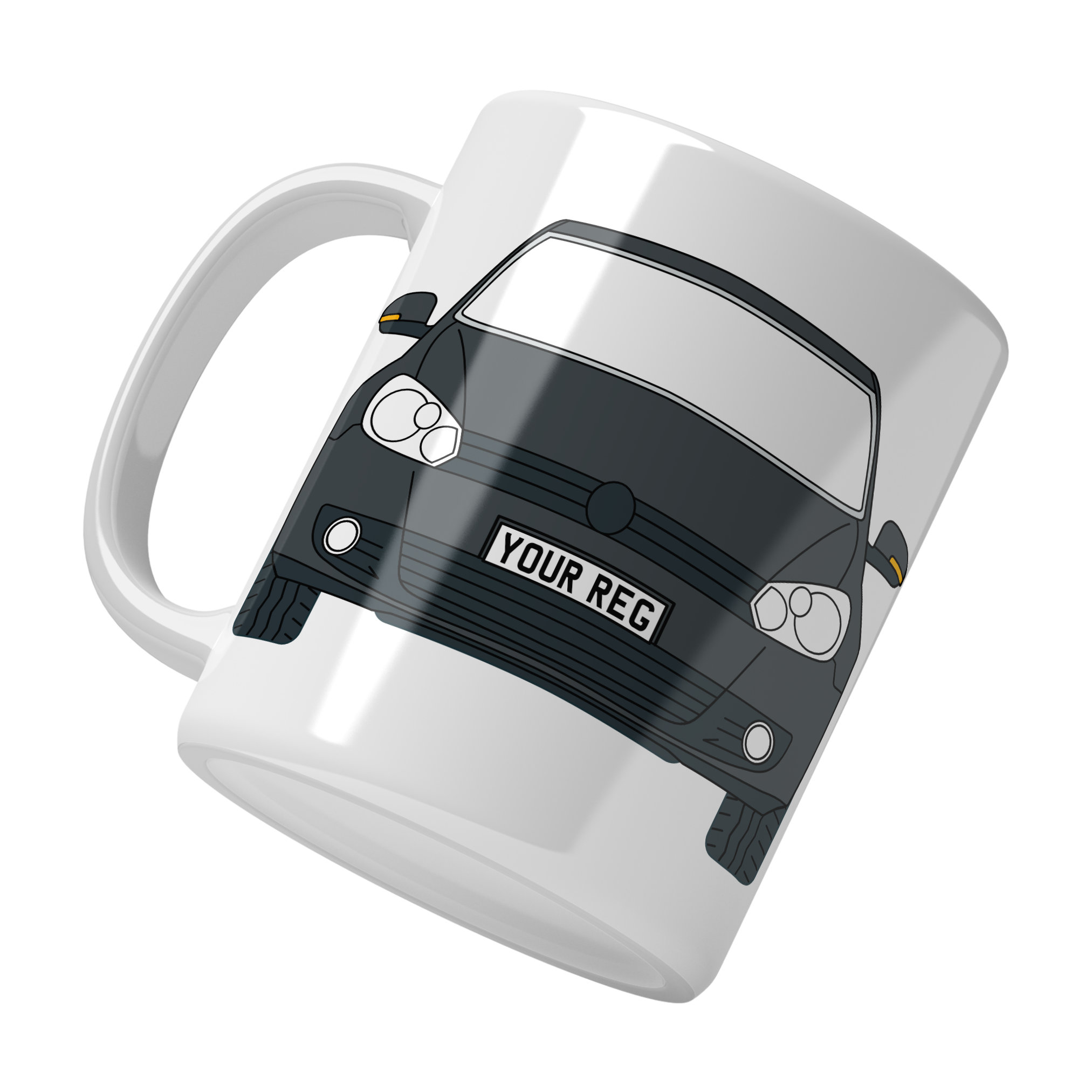 Personalised VW Golf ceramic mug with custom name or registration plate, perfect gift for car enthusiasts and car lovers.