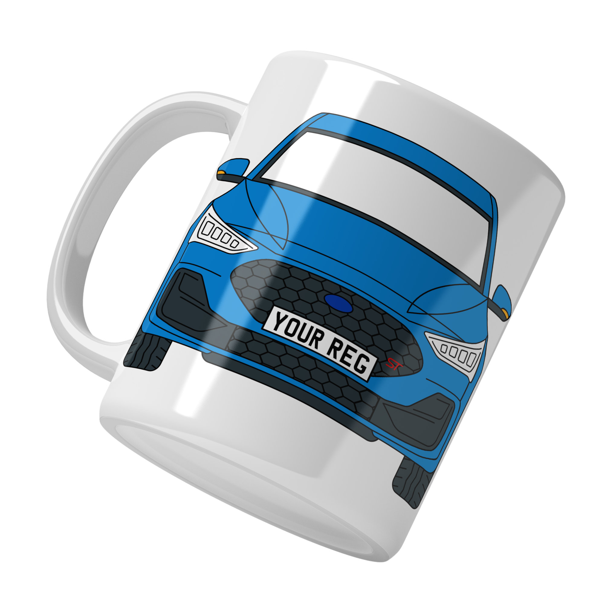 Personalised Ford Focus ST ceramic mug with custom name or registration plate, perfect gift for car enthusiasts and car lovers.
