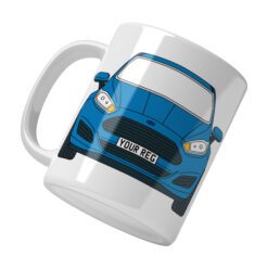 Personalised Ford Fiesta ceramic mug with custom name or registration plate, perfect gift for car enthusiasts and car lovers.