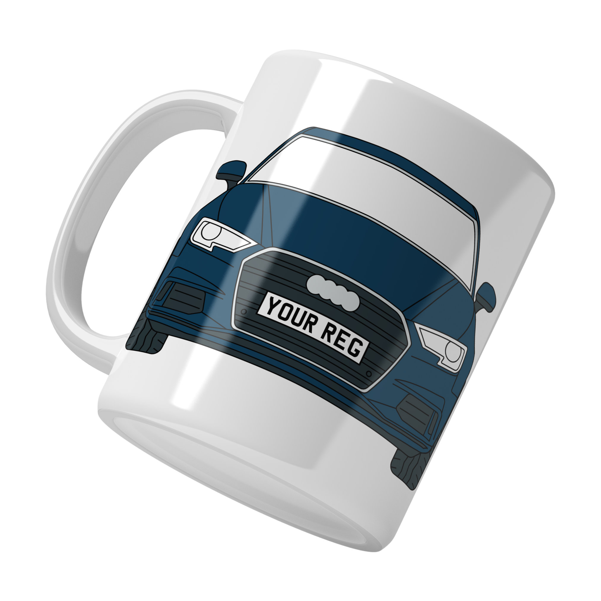 Personalised Audi A3 ceramic mug with custom name or registration plate, ideal gift for car lovers.