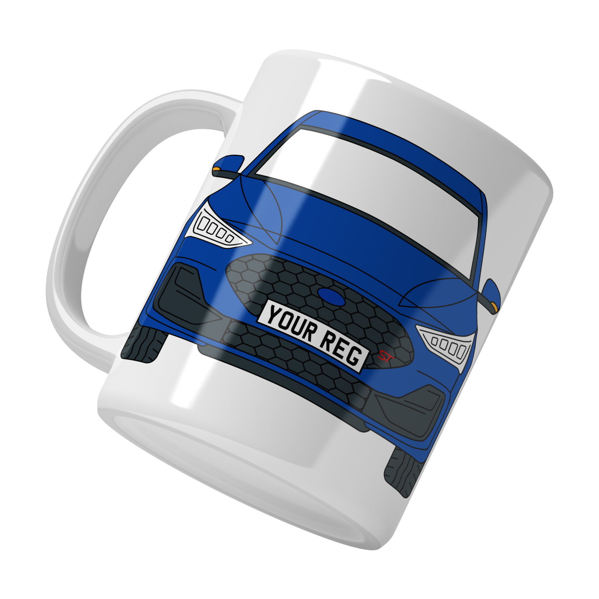 Personalised Ford Focus ST ceramic mug with custom name or registration plate, perfect gift for car enthusiasts and car lovers.