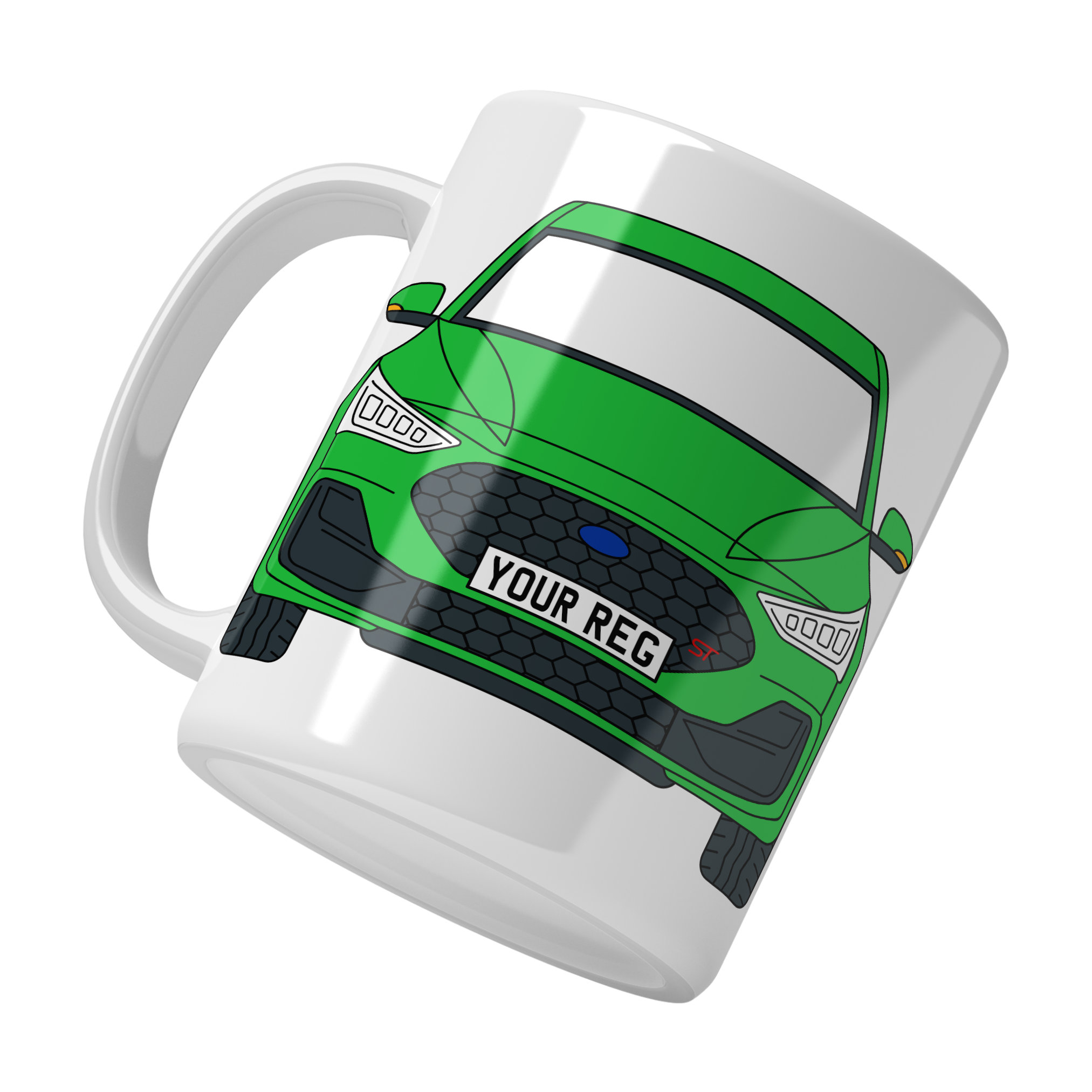 Personalised Ford Focus ST ceramic mug with custom name or registration plate, perfect gift for car enthusiasts and car lovers.
