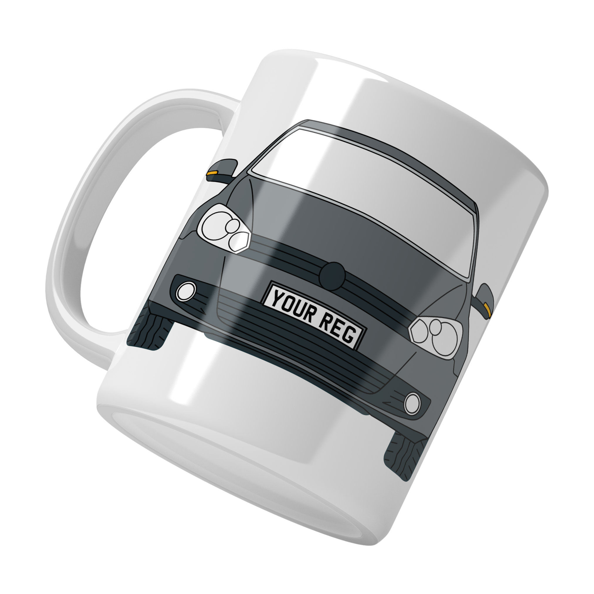 Personalised VW Golf ceramic mug with custom name or registration plate, perfect gift for car enthusiasts and car lovers.