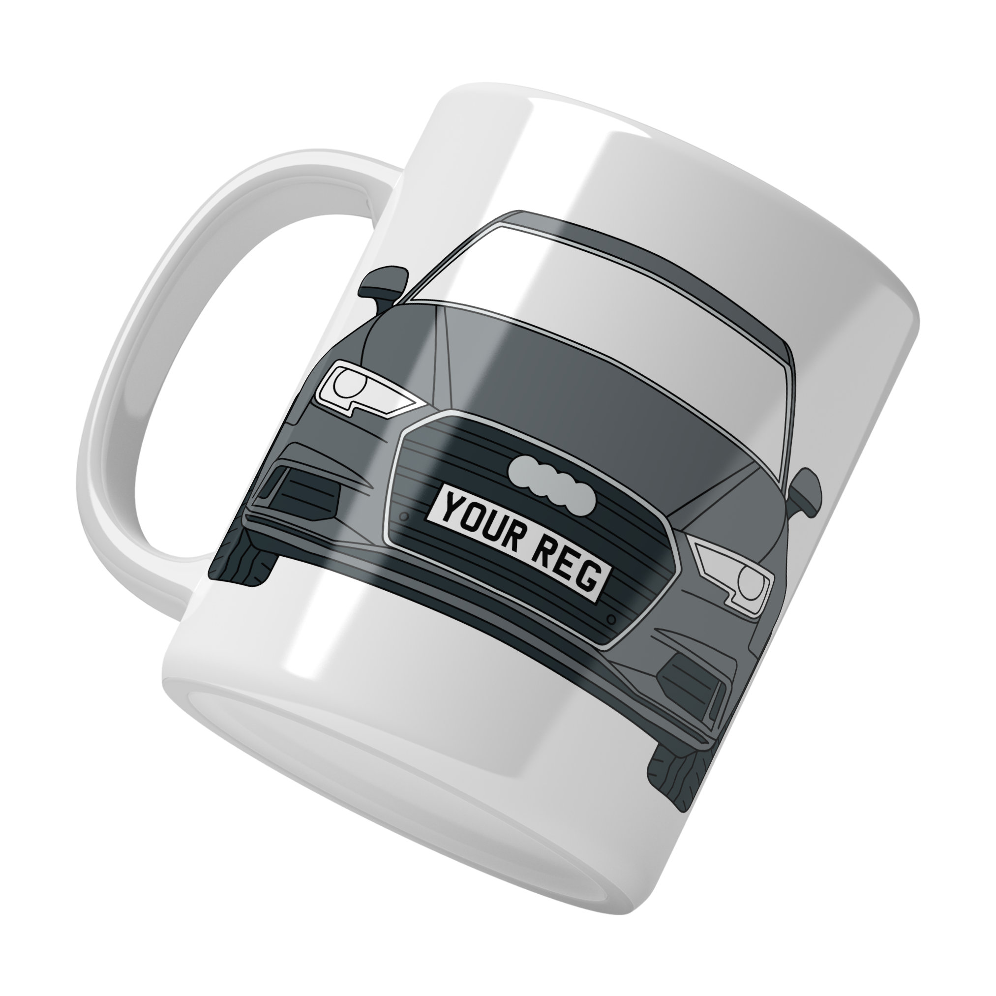 Personalised Audi A3 ceramic mug with custom name or registration plate, ideal gift for car lovers.