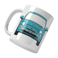 Personalised Fiat 500 ceramic mug with custom name or registration plate, perfect gift for car enthusiasts and car lovers.
