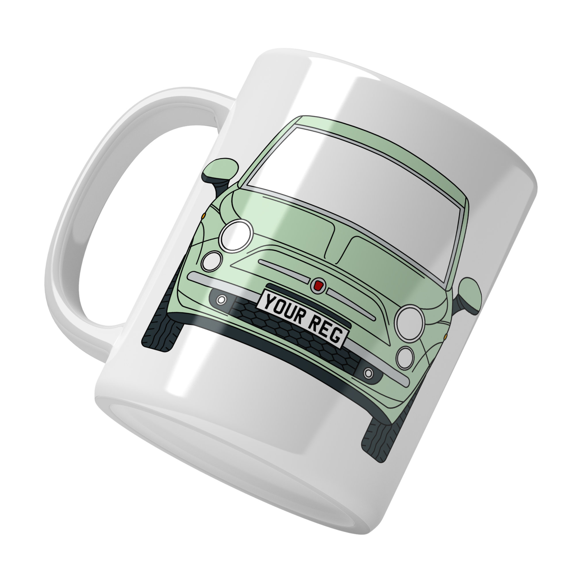 Personalised Fiat 500 ceramic mug with custom name or registration plate, perfect gift for car enthusiasts and car lovers.