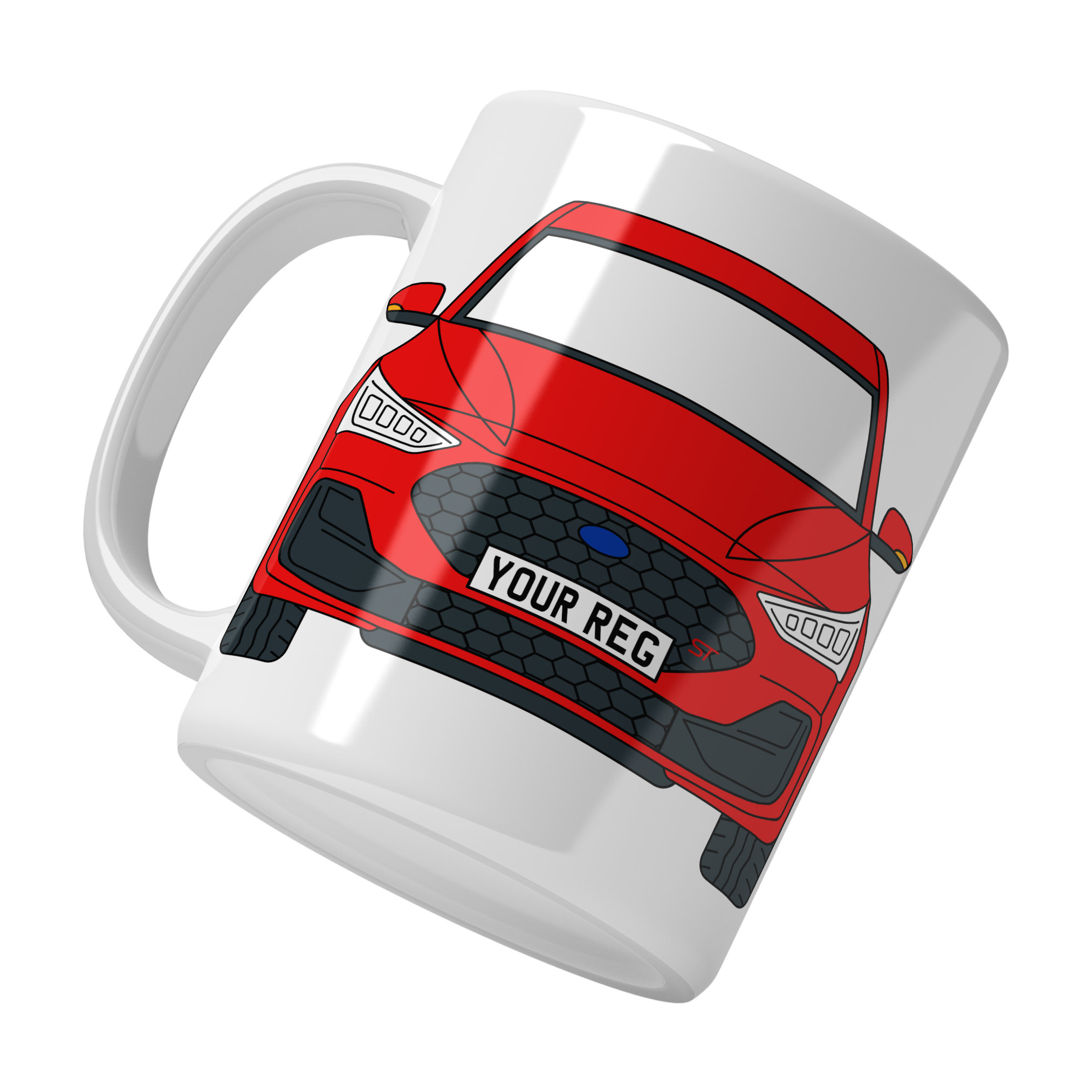 Personalised Ford Focus ST ceramic mug with custom name or registration plate, perfect gift for car enthusiasts and car lovers.