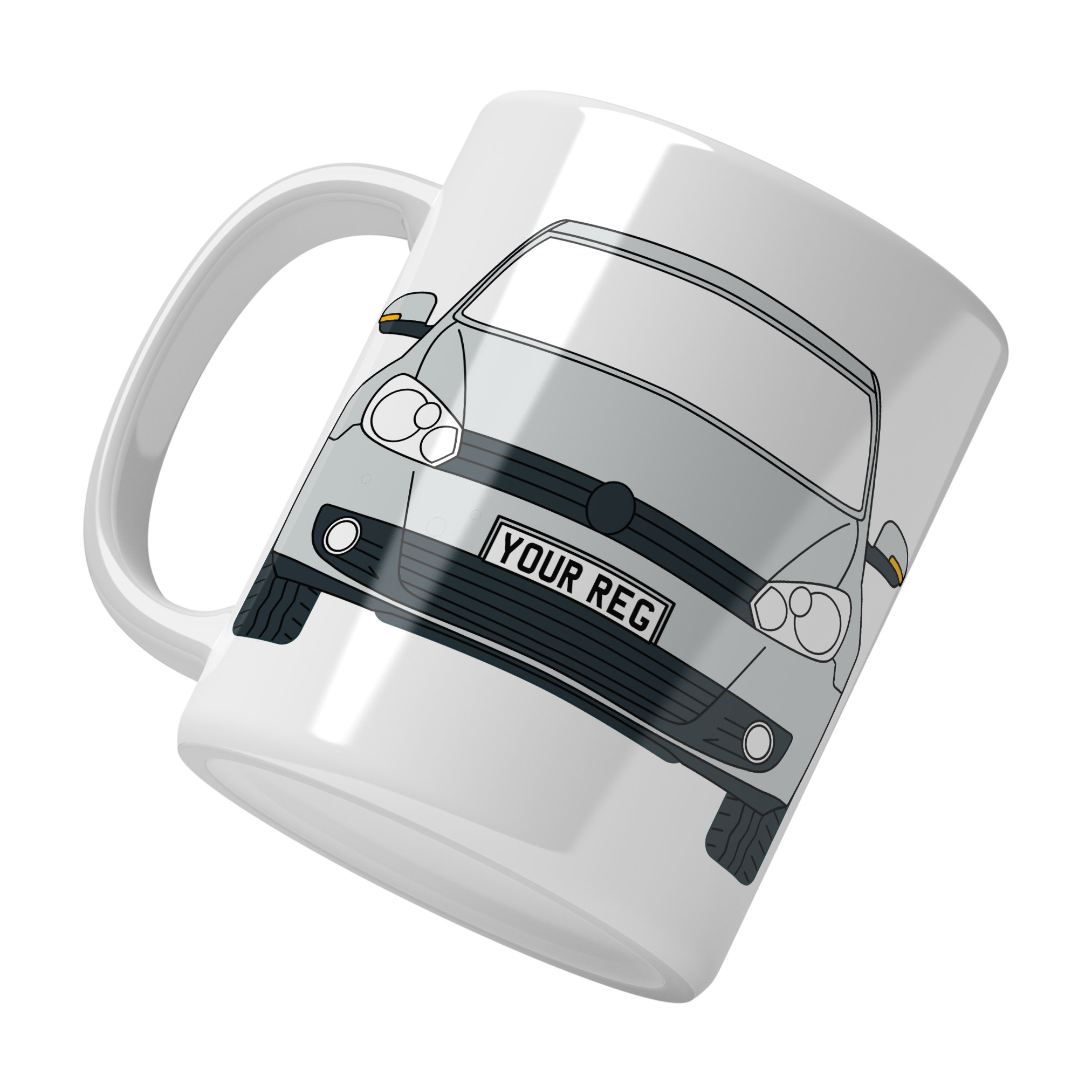Personalised VW Golf ceramic mug with custom name or registration plate, perfect gift for car enthusiasts and car lovers.