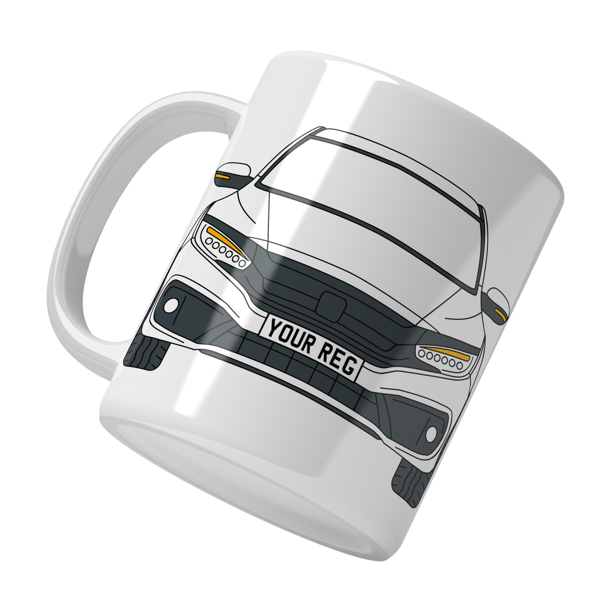 Personalised Honda Civic ceramic mug with custom name or registration plate, perfect gift for car enthusiasts and car lovers.