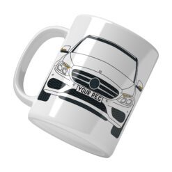 Personalised Mercedes Benz C-Class ceramic mug with custom name or registration plate, perfect gift for car enthusiasts and car lovers.