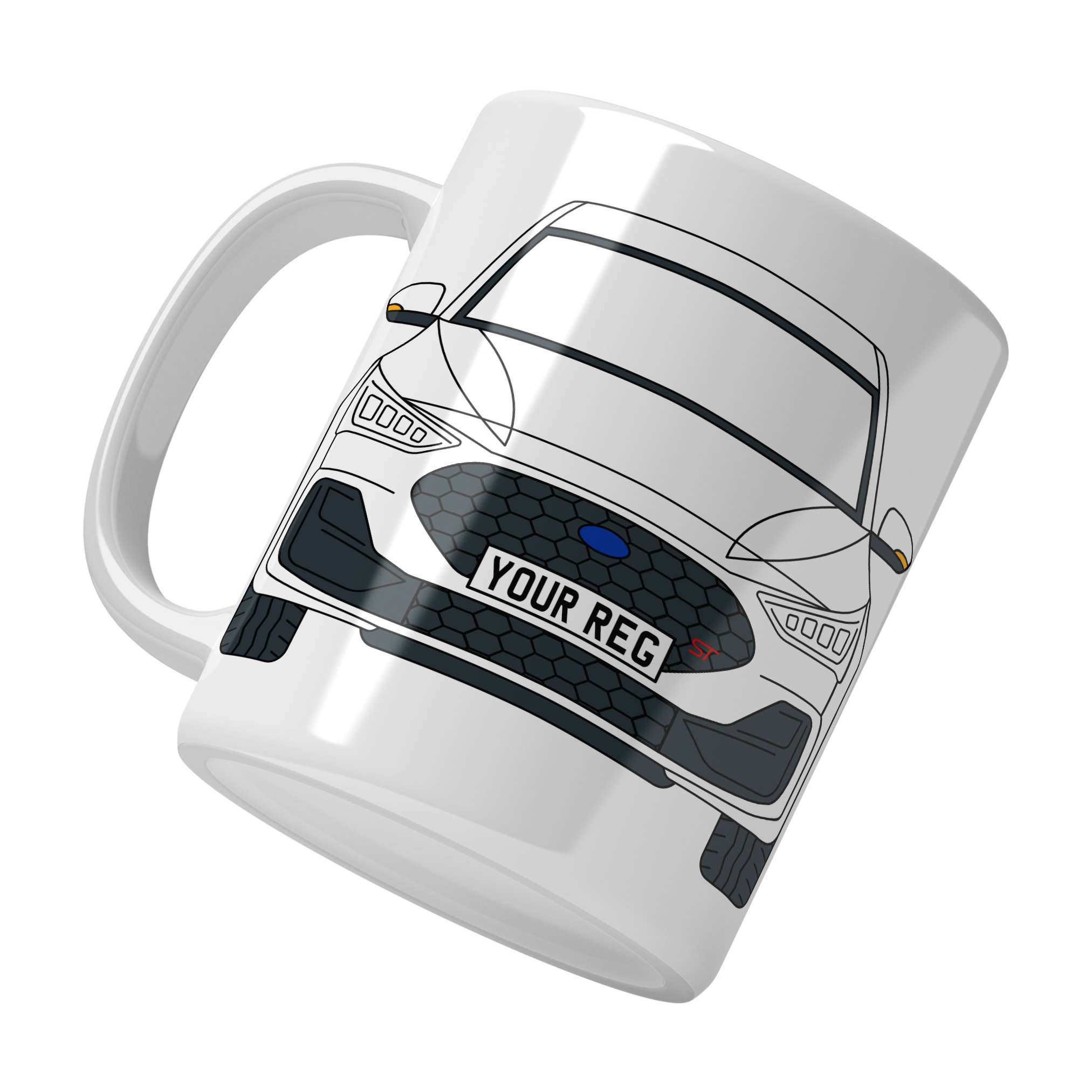 Personalised Ford Focus ST ceramic mug with custom name or registration plate, perfect gift for car enthusiasts and car lovers.