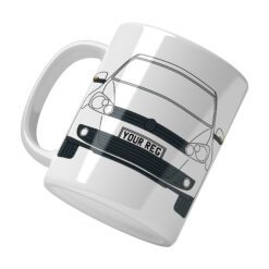 Personalised VW Golf ceramic mug with custom name or registration plate, perfect gift for car enthusiasts and car lovers.