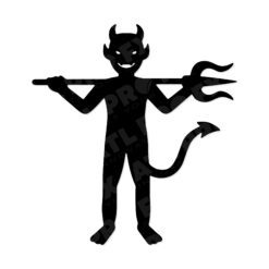 Cheeky devil silhouette holding a trident with curled tail and horns
