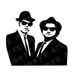 blues brothers decal featuring iconic jake and elwood silhouette in suits and sunglasses