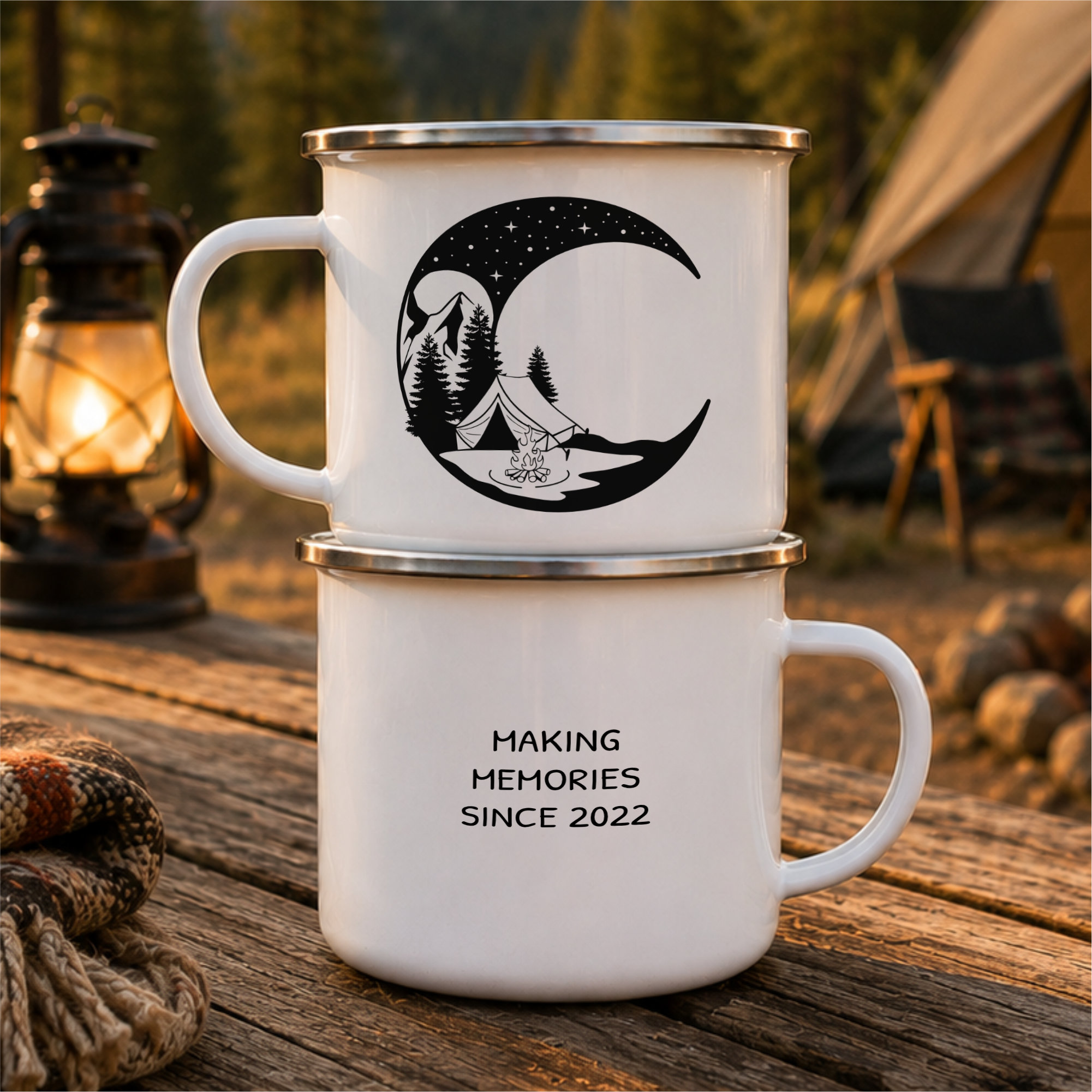 Personalised Camping Enamel Mug Moon Campfire Adventure Mug Gift - Image 2